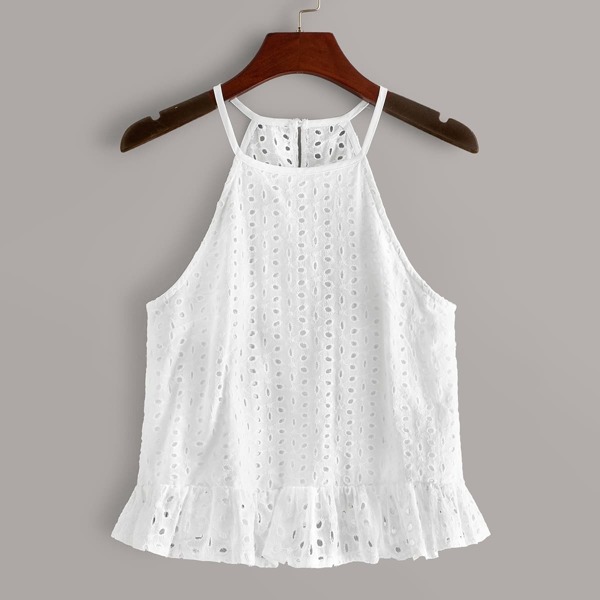 

Eyelet Embroidery Ruffle Hem Halter Top
