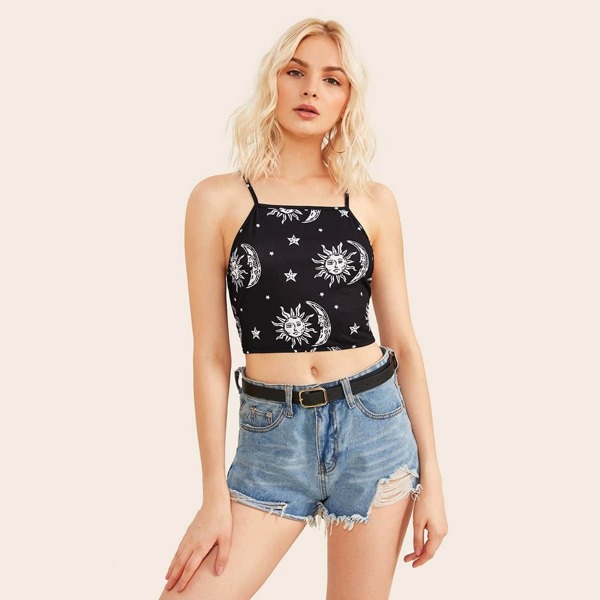 

Galaxy Print Criss Cross Open Back Cami Top