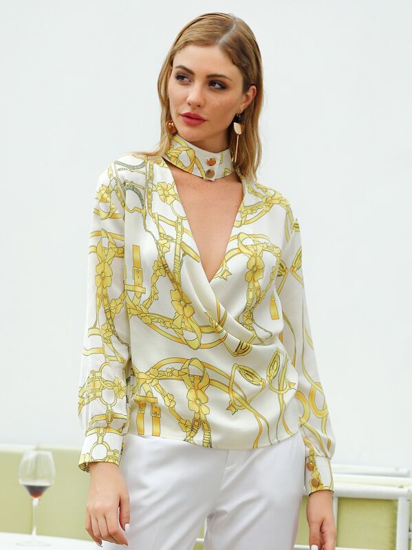 

Double Crazy Chain Print Wrap Choke Neck Top, Multicolor
