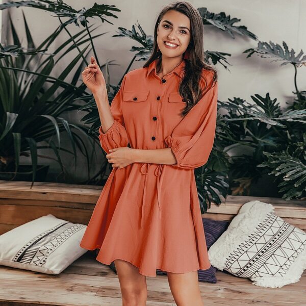 

Simplee Drawstring Waist Bishop Sleeve Button Shirt Dress