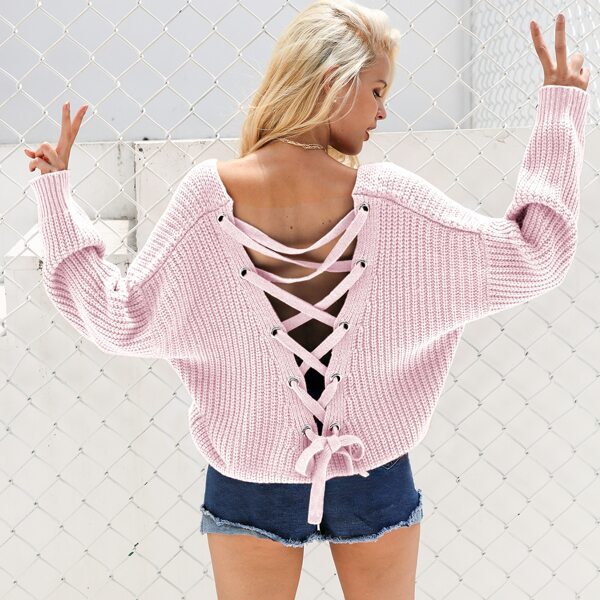 

Simplee Grommet Lace Up Drop Shoulder Sweater