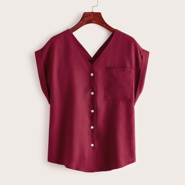 

V-neck Button Front Pocket Patch Blouse