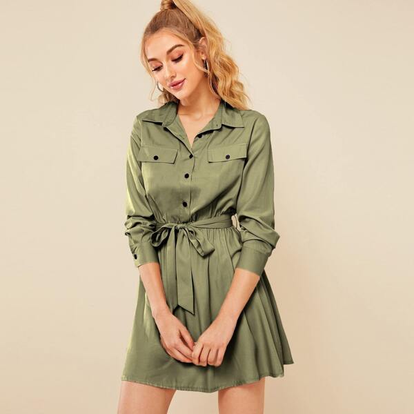 

Button Front Self Tie Cargo Dress, Army green