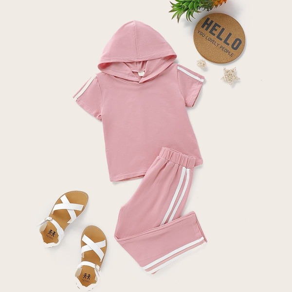 

Toddler Girls Striped Tape Side Hooded Top With Pants