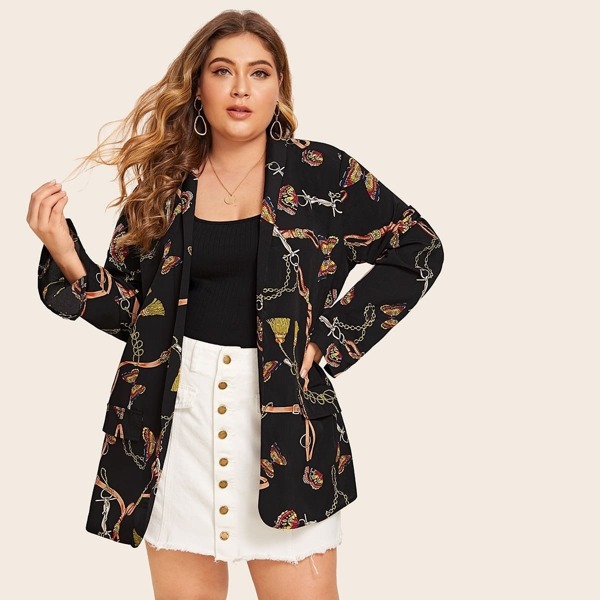 

Plus Butterfly And Fringe Print Blazer