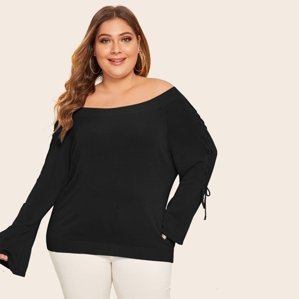 

Plus Lace Up Bell Sleeve Bardot Sweater, Black