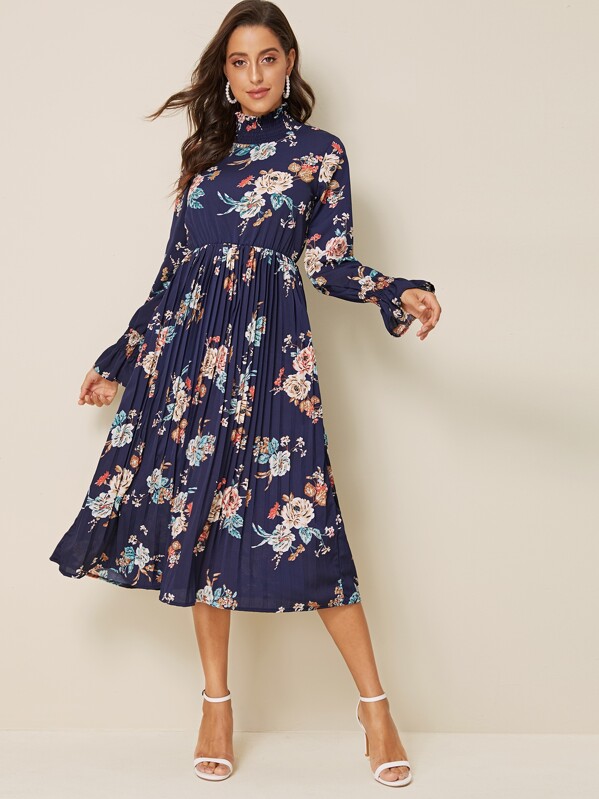 

Floral Print Shirred Stand Collar Pleated Dress, Navy, Mary P.