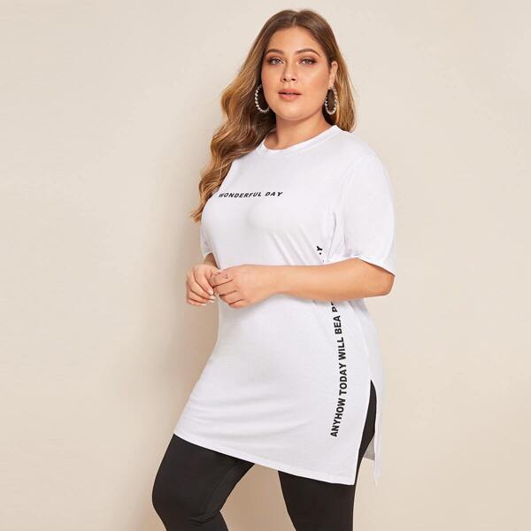 

Plus Letter Print Round Neck Tee, White