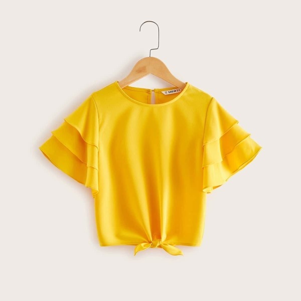 Girls Layered Ruffle Sleeve Tie Hem Top, Yellow bright
