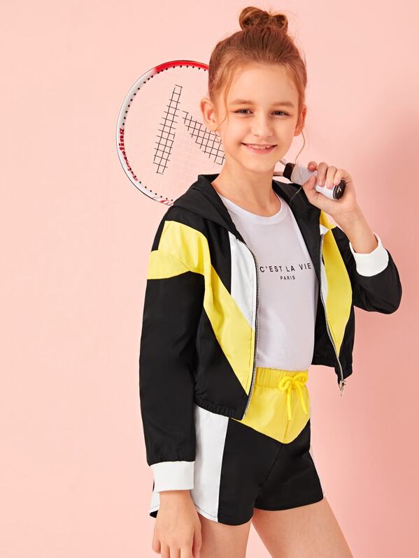 

Girls Colorblock Jacket and Tie Waist Dolphin Shorts Set, Multicolor, Sashab