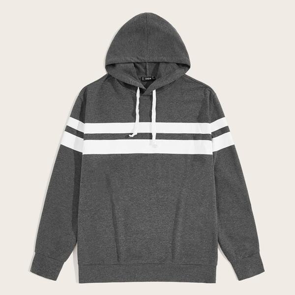 

Men Heathered Knit Striped Tape Front Hoodie, Grey