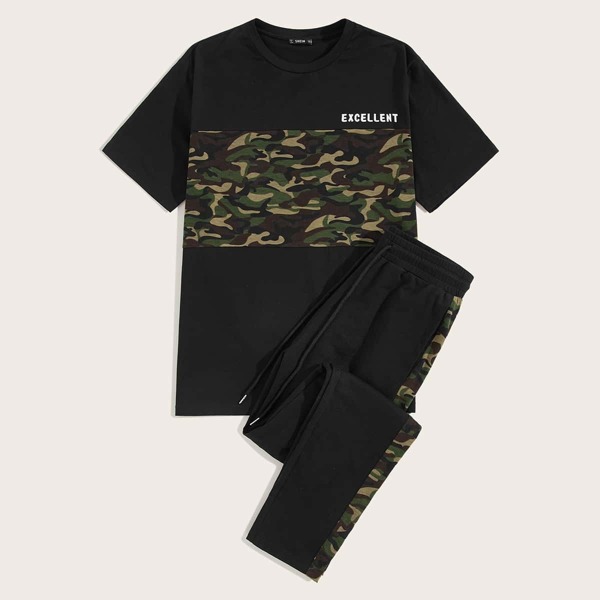 

Men Camo and Letter Top and Drawstring Waist Pants Set, Black