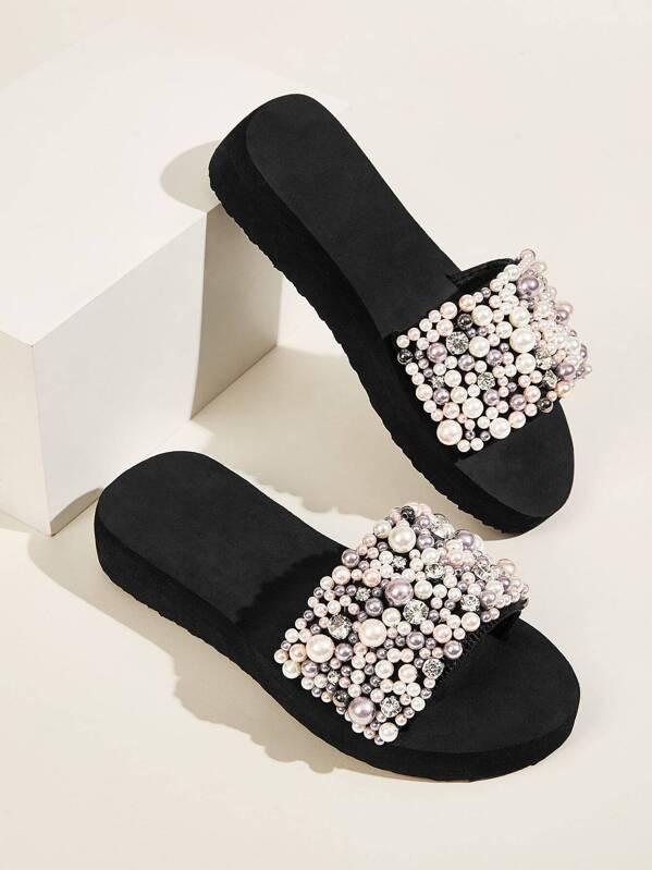 

Open Toe Faux Pearl Decor Sliders, Multicolor