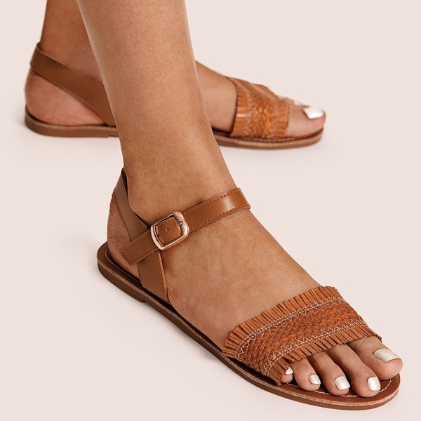 

Fringe Trim Braided Strap Sandals