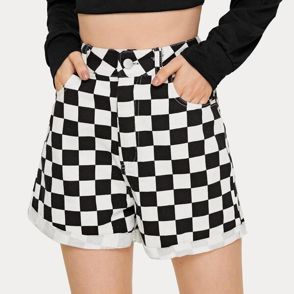 

Checker Print High Waist Denim Shorts