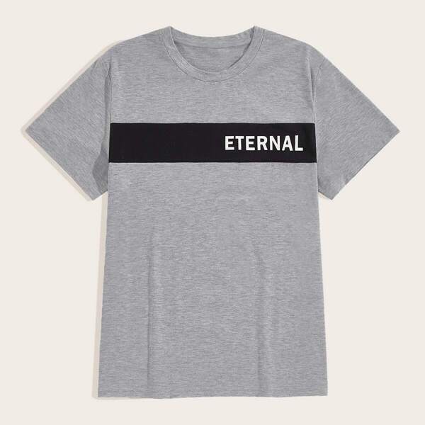 

Men Contrast Panel Letter Print Tee, Grey