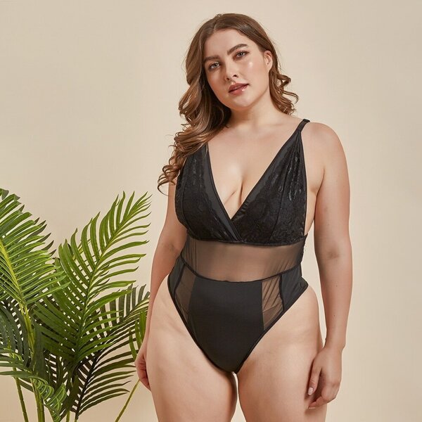 

Plus Contrast Mesh Backless Teddy Bodysuit