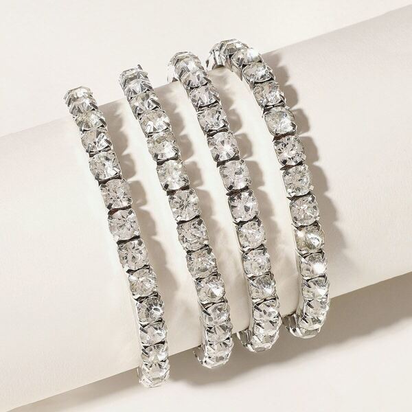 

Rhinestone Engraved Elastic Bracelet 4pcs, Silver