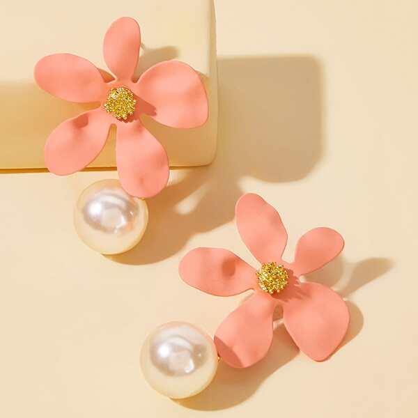 

Flower & Faux Pearl Design Drop Earrings 1pair