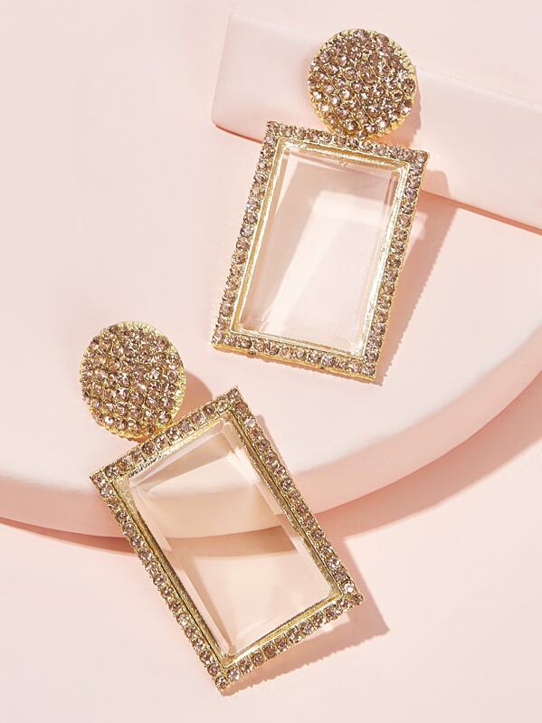 

Rhinestone Engraved Geometric Drop Earrings 1pair, Gold