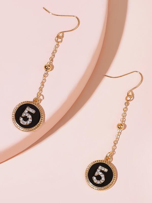 

Number Rhinestone Round Chain Drop Earrings 1pair, Multicolor