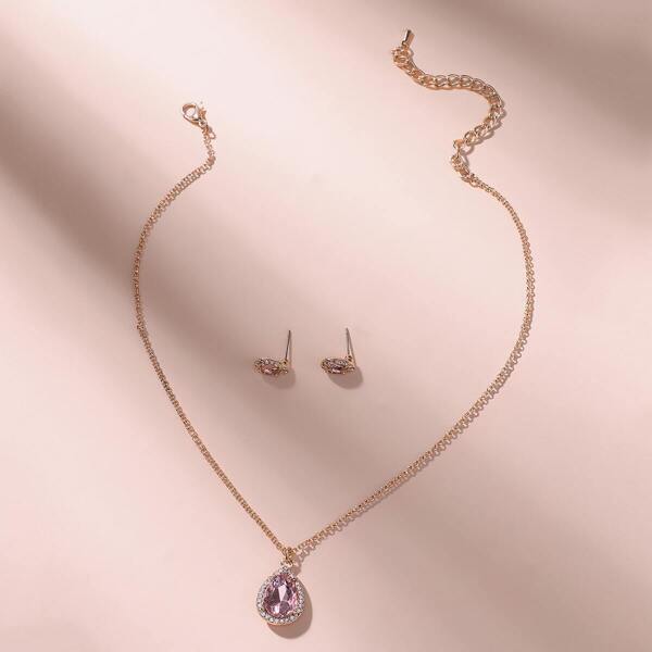 

Rhinestone Water Drop Charm Necklace & Earrings 3pack