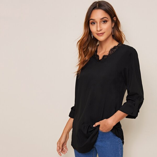 

Contrast Lace Roll-up Sleeve Blouse, Black