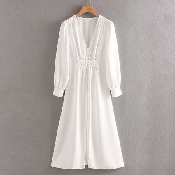 

Solid Button Front Shirred Waist Dress, White