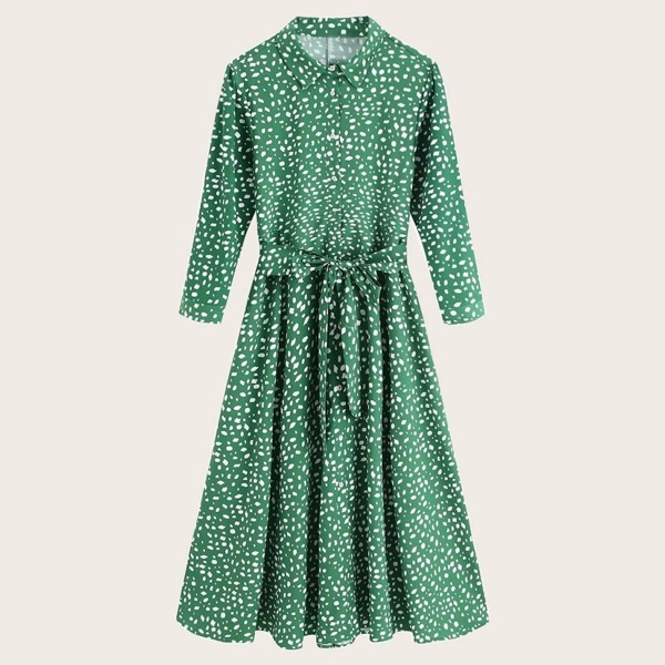 

Confetti Print Self Tie Shirt Dress, Green