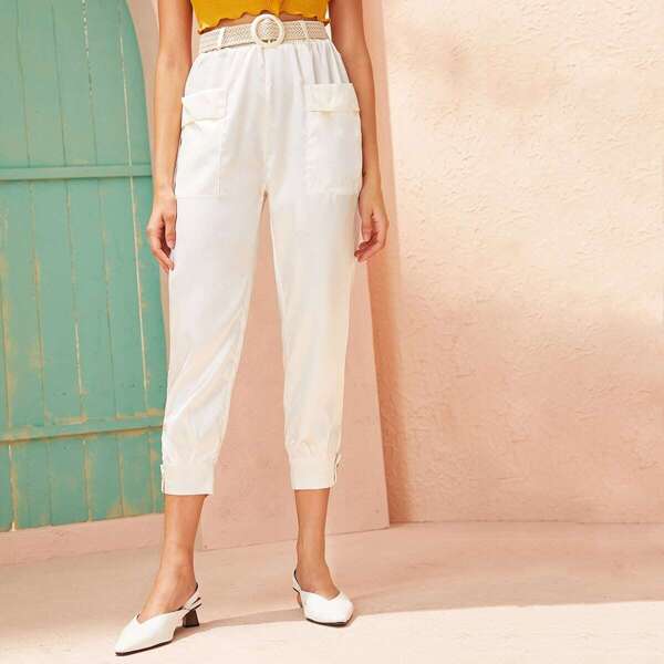 

Solid Dual Pocket Belted Satin Pants, White