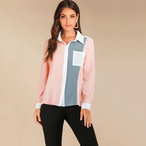 

Contrast Spliced Patched Pocket Blouse, Multicolor