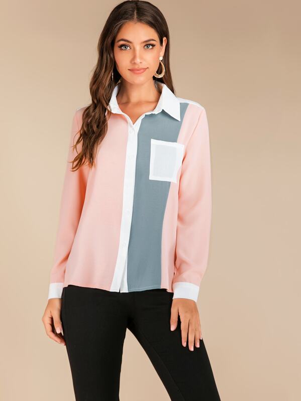 

Contrast Spliced Patched Pocket Blouse, Multicolor