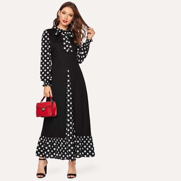 

Tie Front Polka Dot Print Spliced Dress, Black