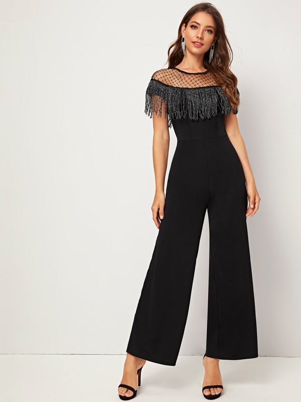 

Fishnet Mesh Fringe Wide Leg Jumpsuit, Black, Debi Cruz