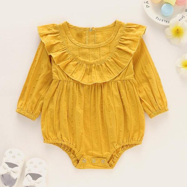 

Baby Girl Swiss Dot Ruffle Trim Romper, Yellow
