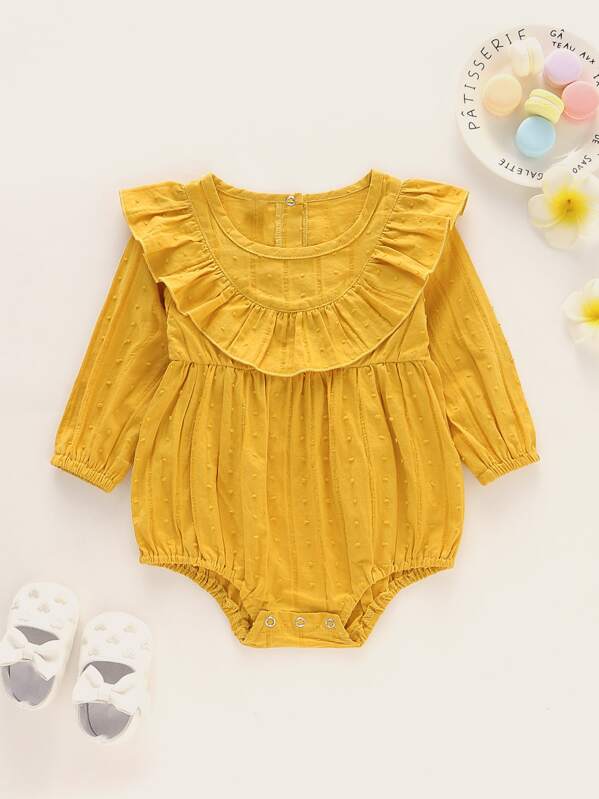 

Baby Girl Swiss Dot Ruffle Trim Romper, Yellow