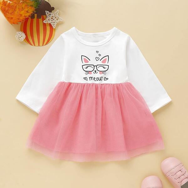 

Baby Girl Contrast Mesh Cartoon Print A-line Dress