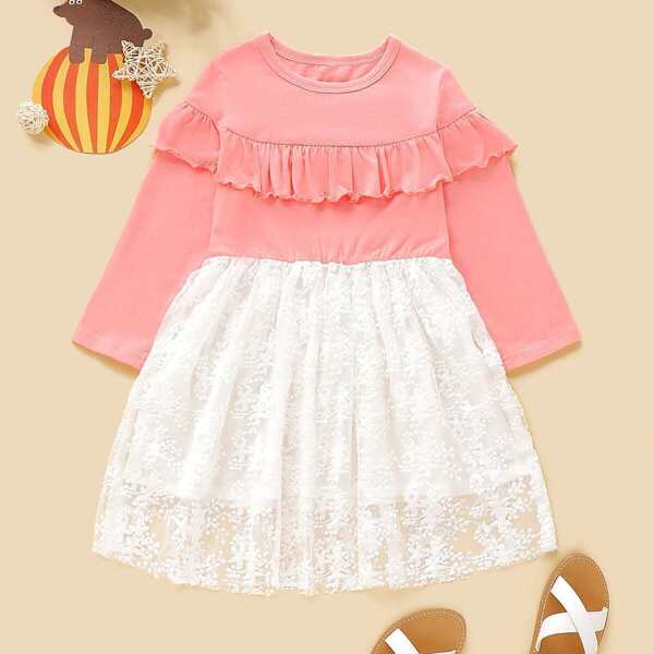 

Toddler Girls Contrast Embroidery Mesh Ruffle A-line Dress