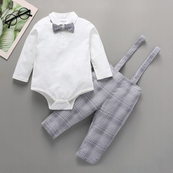 

Baby Boy Polo Neck Bow Romper With Plaid Pants, Multicolor