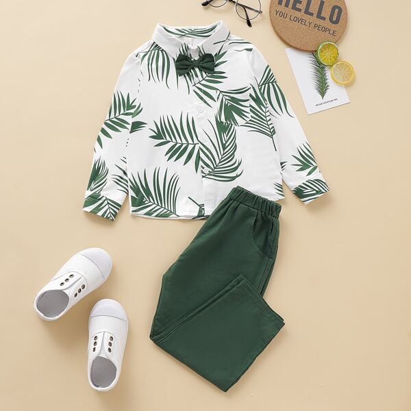 

Toddler Boys Leaf Print Bow Shirt With Pants
