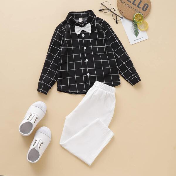 

Toddler Boys Grid Plaid Bow Shirt With Pants, Black and white