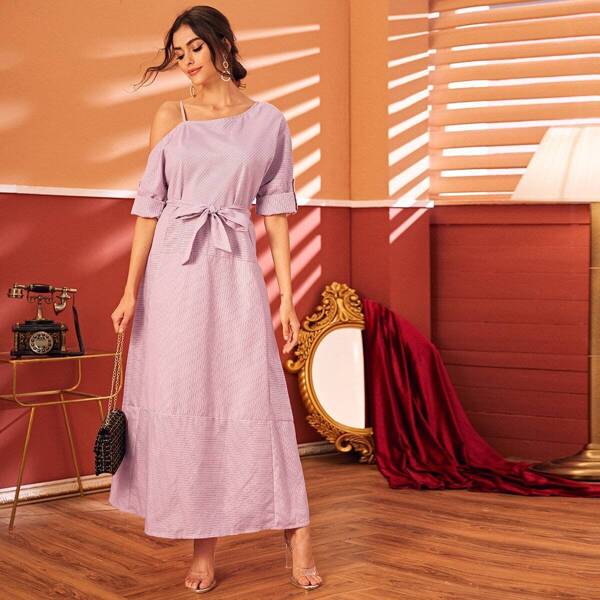 

Asymmetrical Neck Rolled Sleeve Self Tie Striped Dress