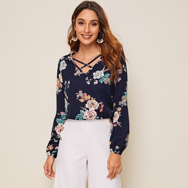 

Floral Print Criss-cross Blouse, Navy