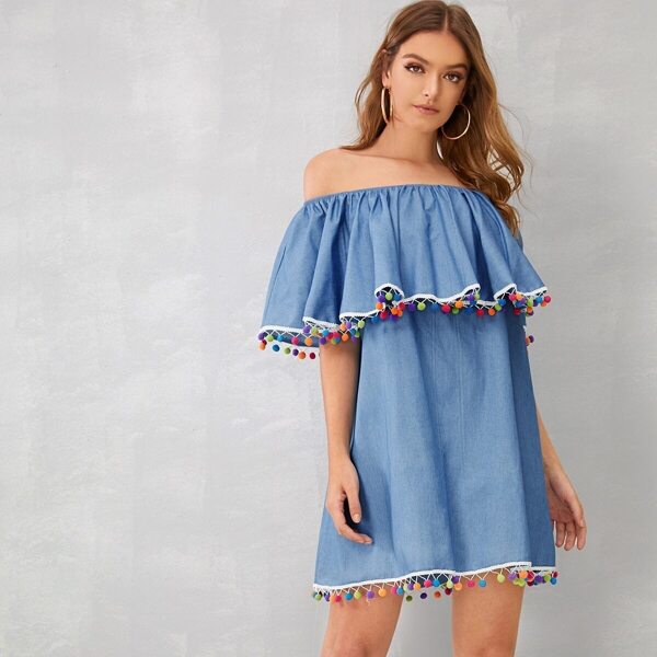 

Colorful Pom Pom Off Shoulder Denim Dress, Blue