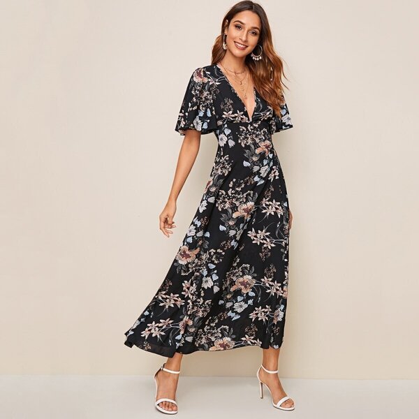 

Floral Plunge Neck Flutter Sleeve Dress