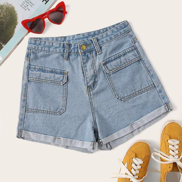 

Dual Pocket Cuffed Hem Denim Shorts