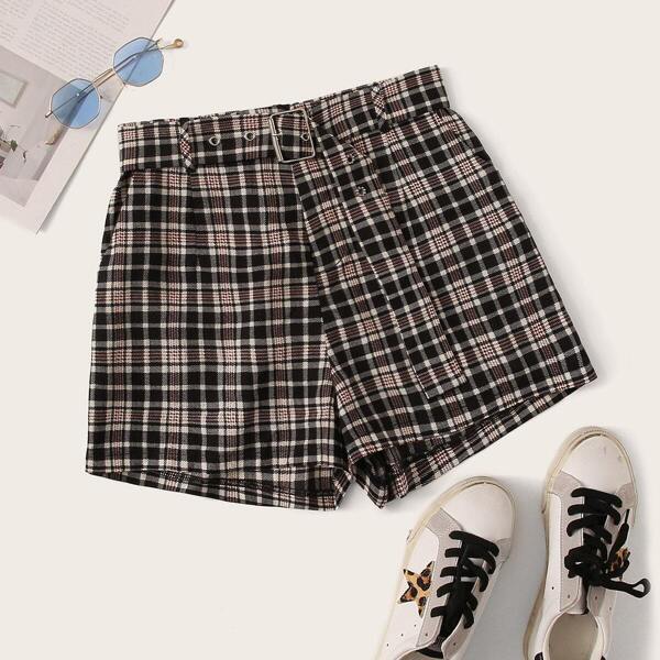 

Plaid Print High Waist Belted Shorts