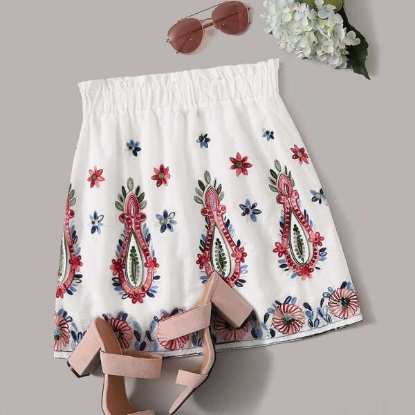 

Paperbag Waist Embroidered Detail Skirt
