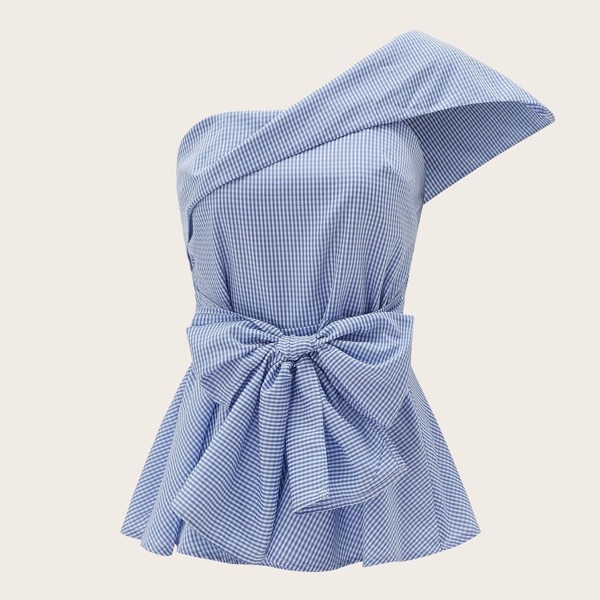 

Gingham One Shoulder Belted Peplum Top