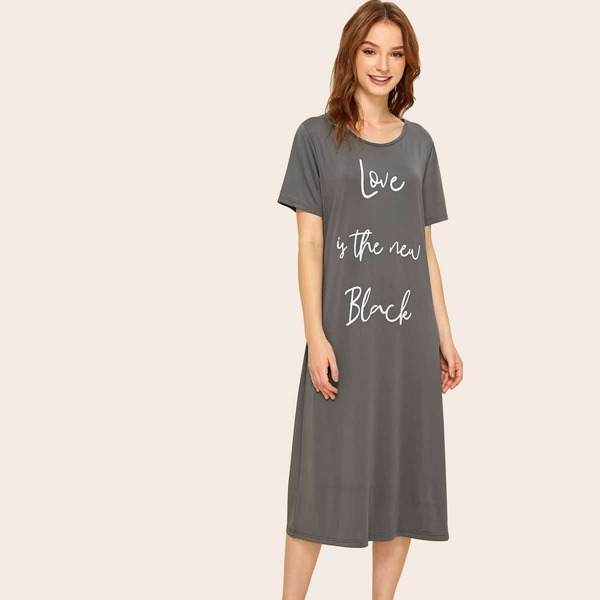 

Slogan Graphic Night Dress, Grey
